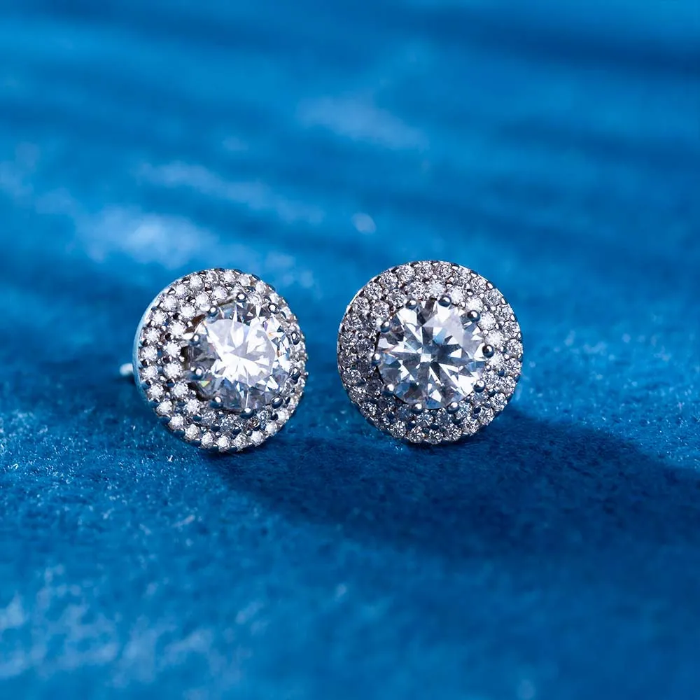 11MM Double Halo Moissanite Stud Earrings 14K Gold