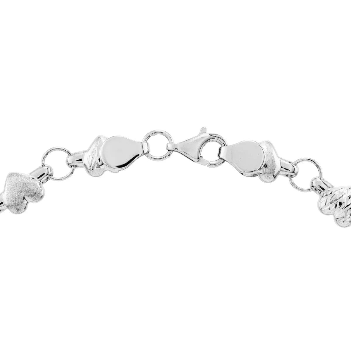 14K White Gold Stampato D/C and Satin Hearts Chain Anklet