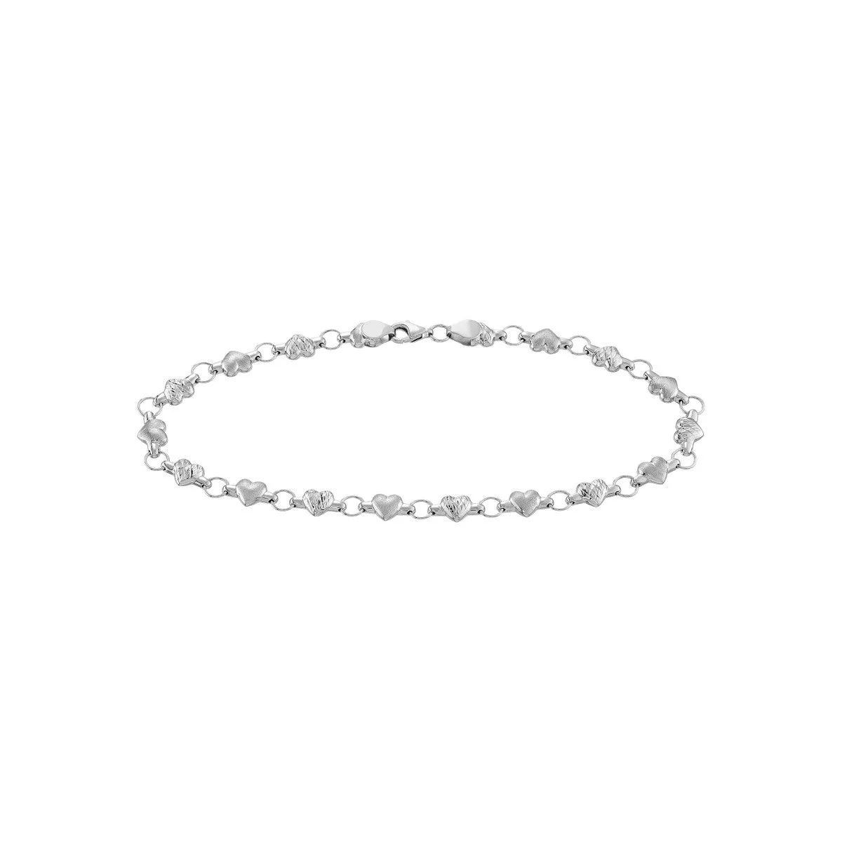 14K White Gold Stampato D/C and Satin Hearts Chain Anklet