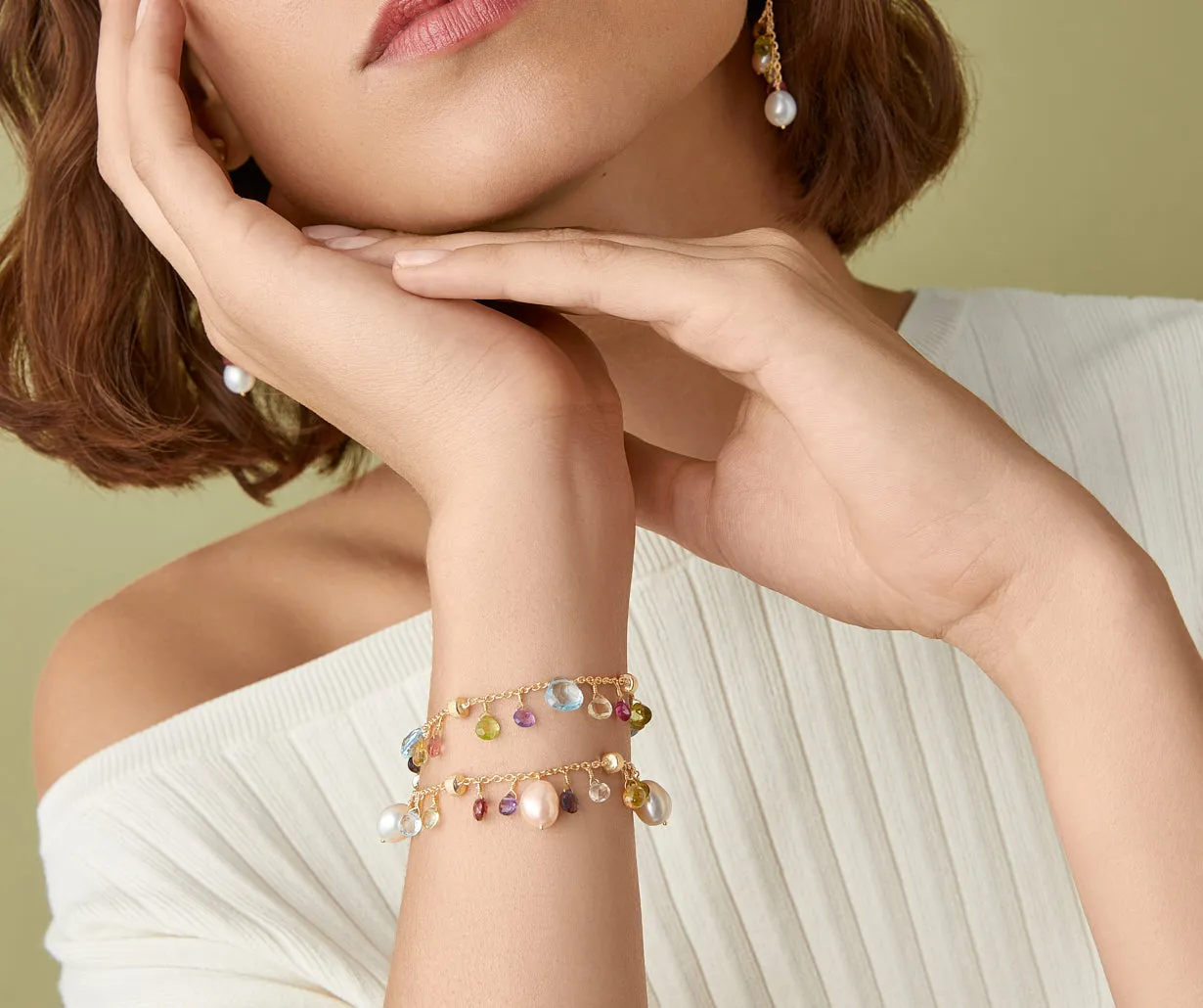 18K Yellow Gold Single-Strand Gemstone Bracelet With Freshwater Pearls
