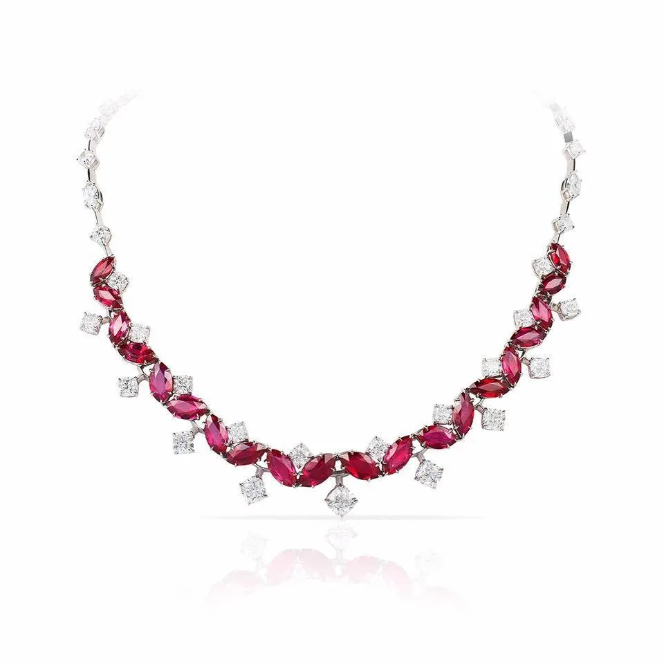 29.30 Carat Marquise Red Ruby and Diamond Necklace