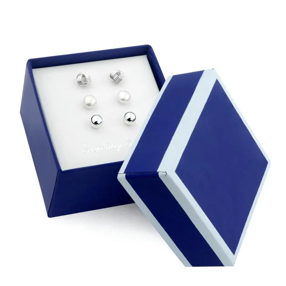 3-Pair Set: Sterling Silver Trio Stud Earring Set