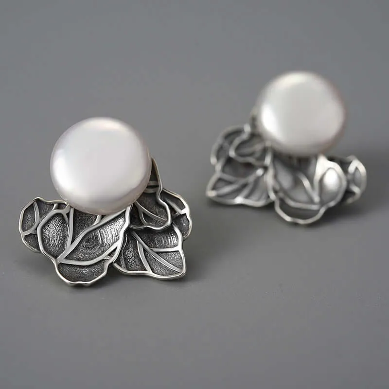 925 Silver Vintage Baroque Pearl Leaf Stud Earrings