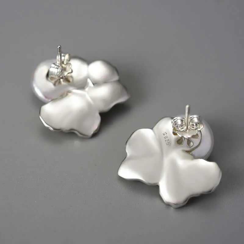 925 Silver Vintage Baroque Pearl Leaf Stud Earrings