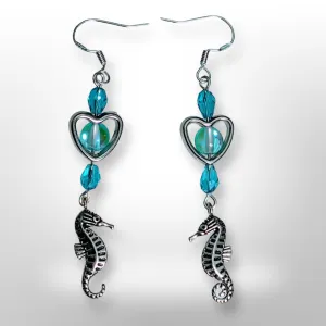 925 Sterling Silver hook, Aqua Aura Quartz, Seahorse, Earrings - Echo of a Stone