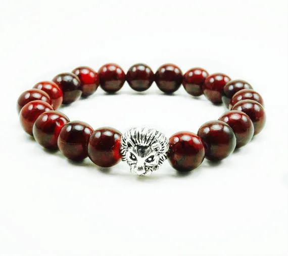 Arye Silver Lion 10mm Red Coral Beaded Bracelet