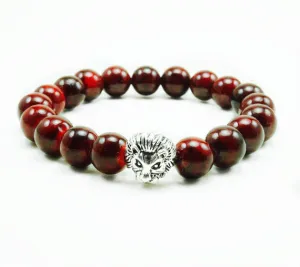 Arye Silver Lion 10mm Red Coral Beaded Bracelet