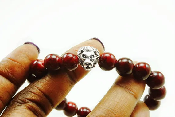 Arye Silver Lion 10mm Red Coral Beaded Bracelet