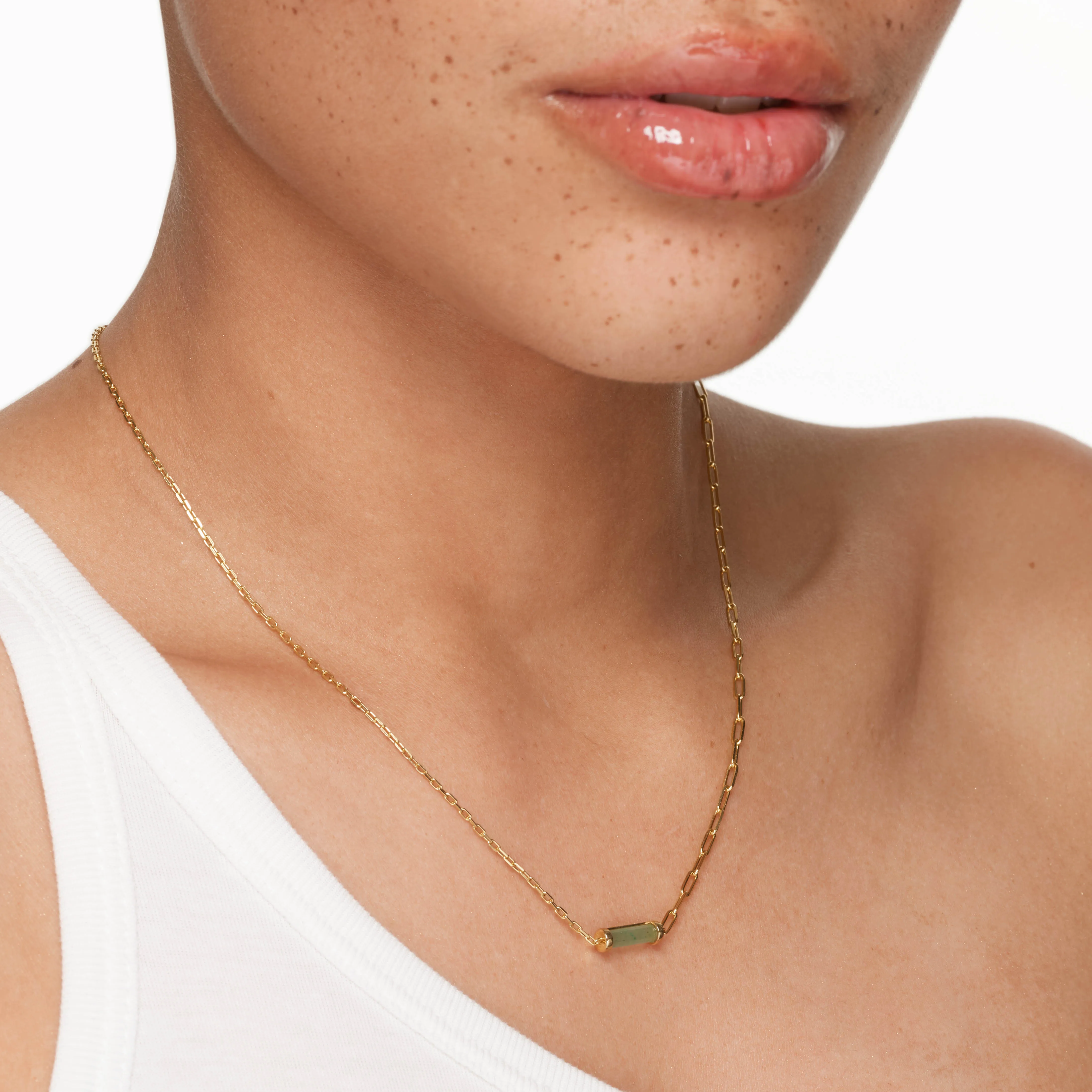 Aventurine Half Paperclip Fob Chain Necklace in Gold