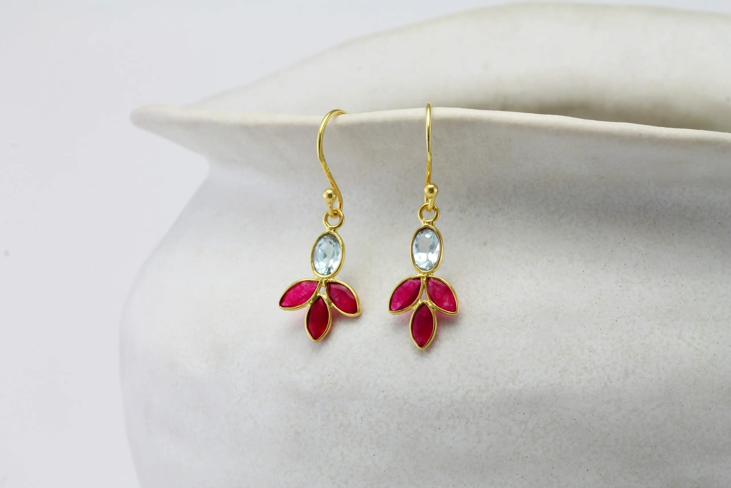 Banyan Blue Topaz and Pink Quartz Gold Drop Earrings