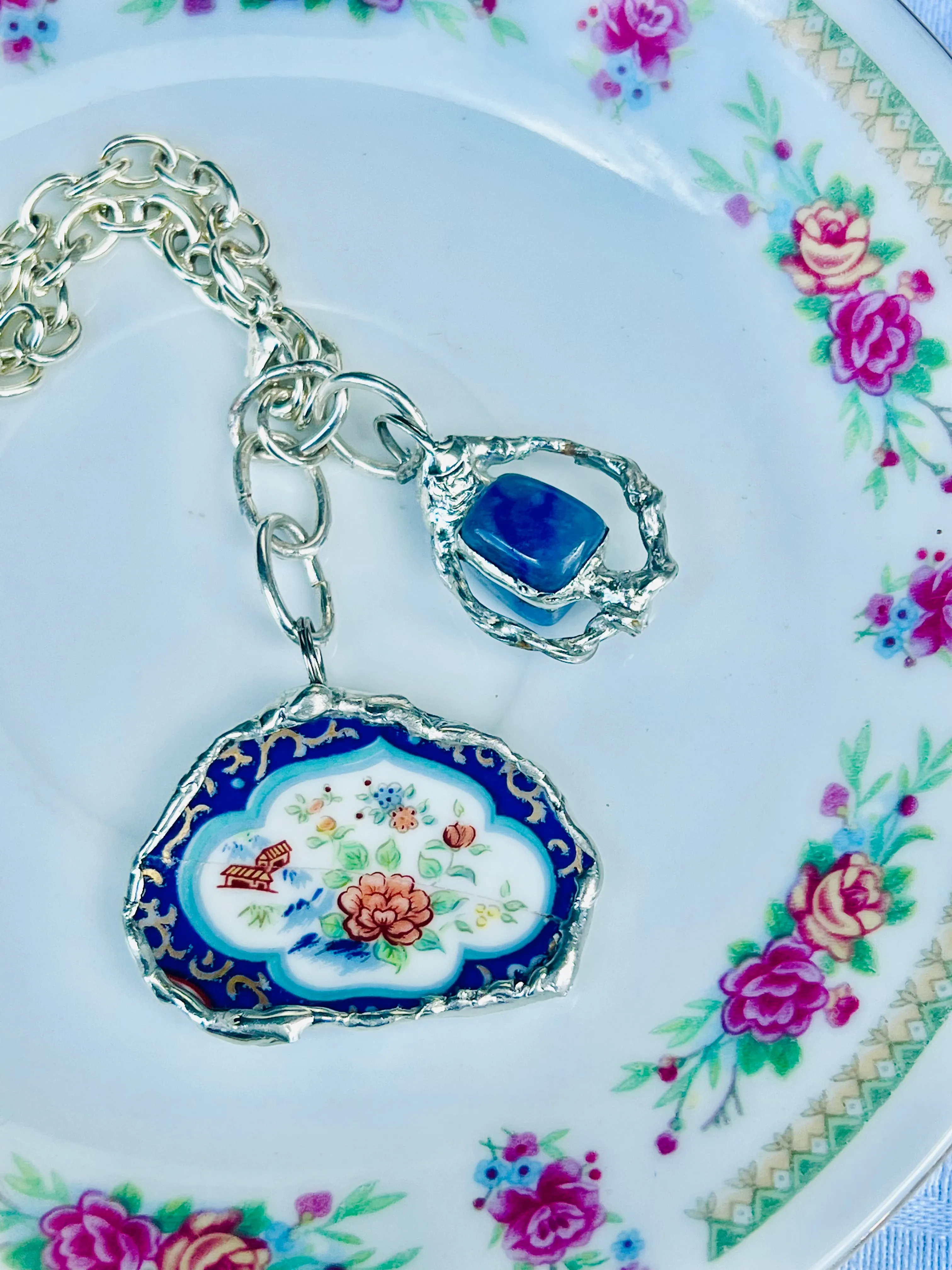Broken China & Sodalite Charm Bracelet Artisan Crafted Lotus Flower