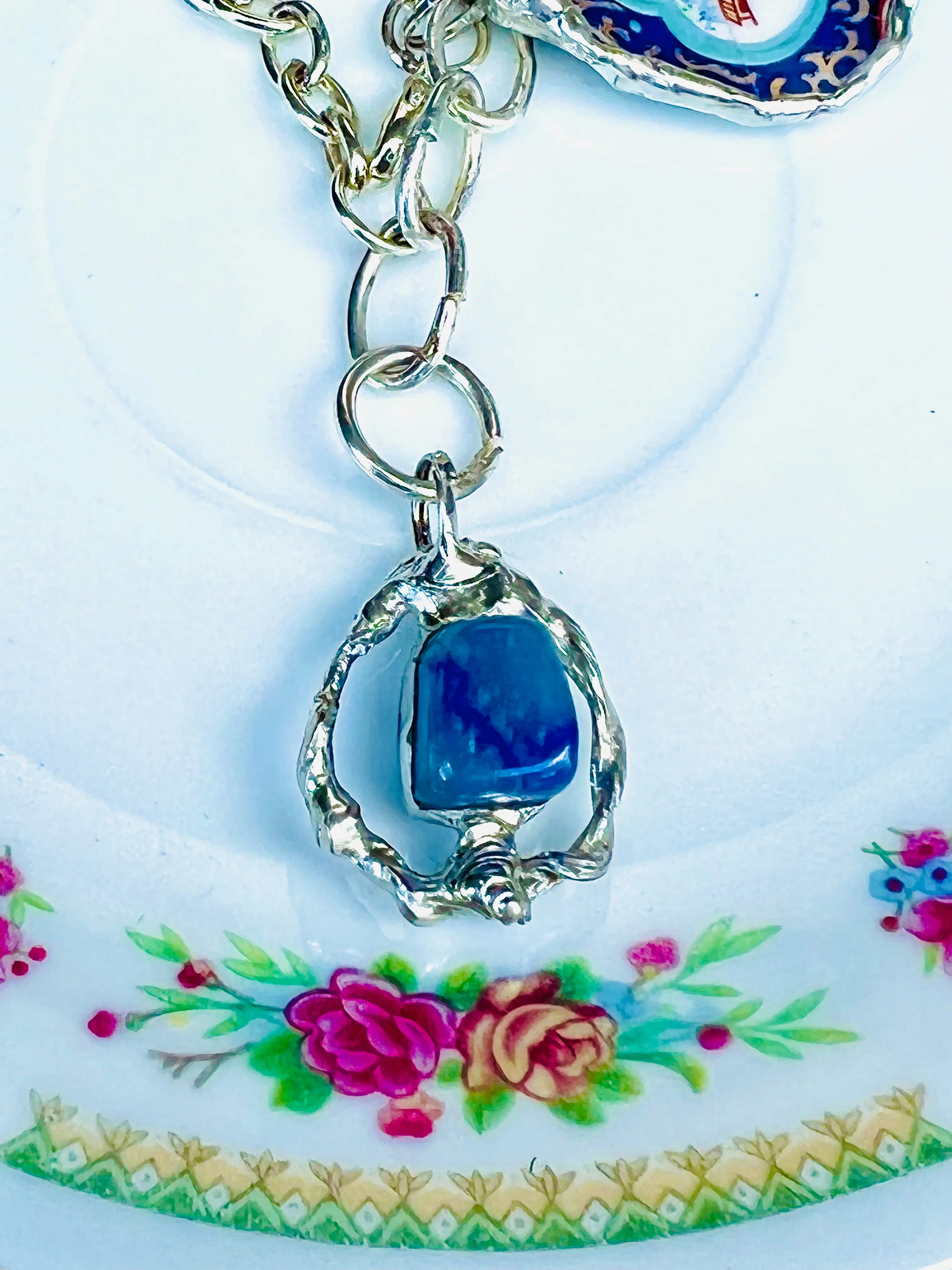 Broken China & Sodalite Charm Bracelet Artisan Crafted Lotus Flower