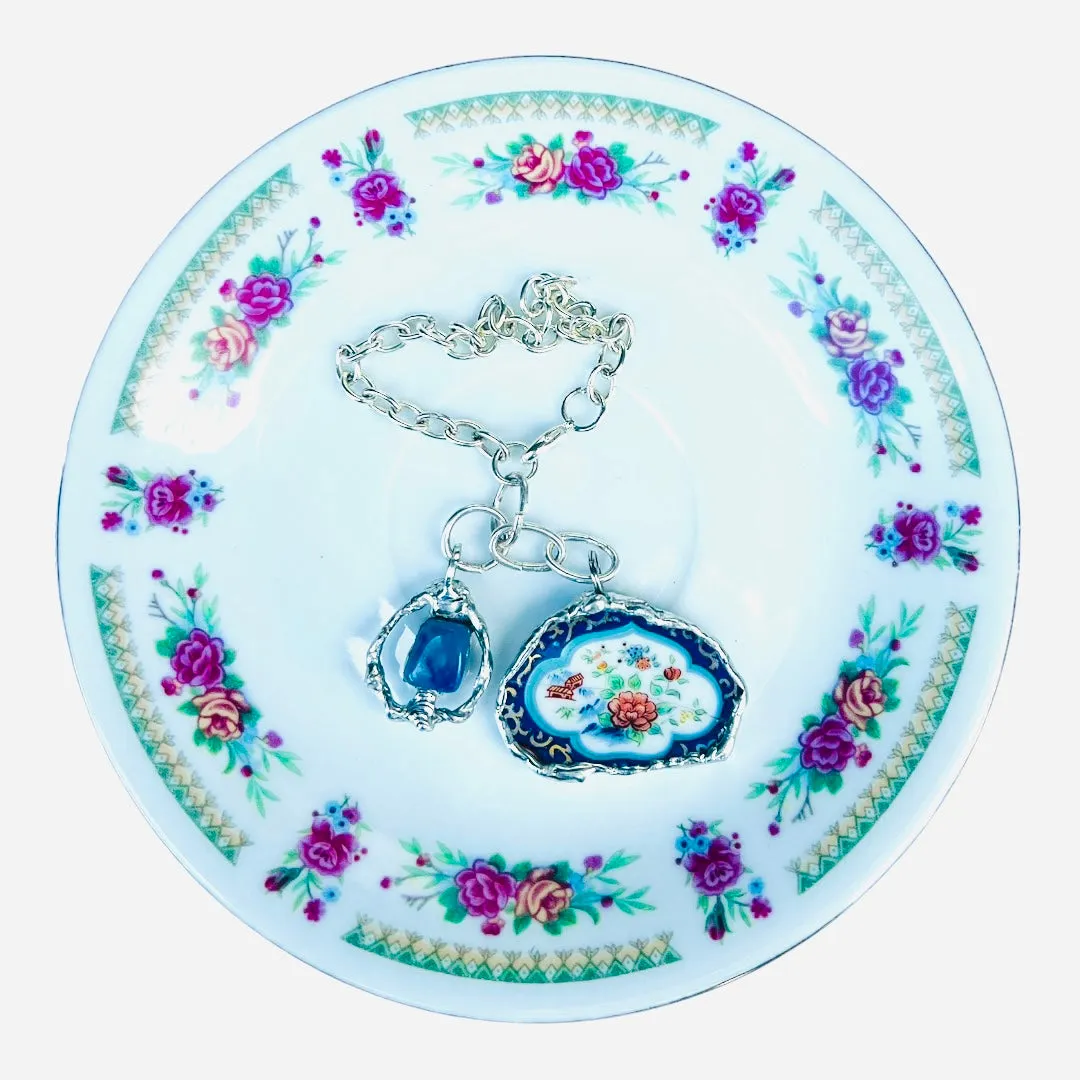 Broken China & Sodalite Charm Bracelet Artisan Crafted Lotus Flower