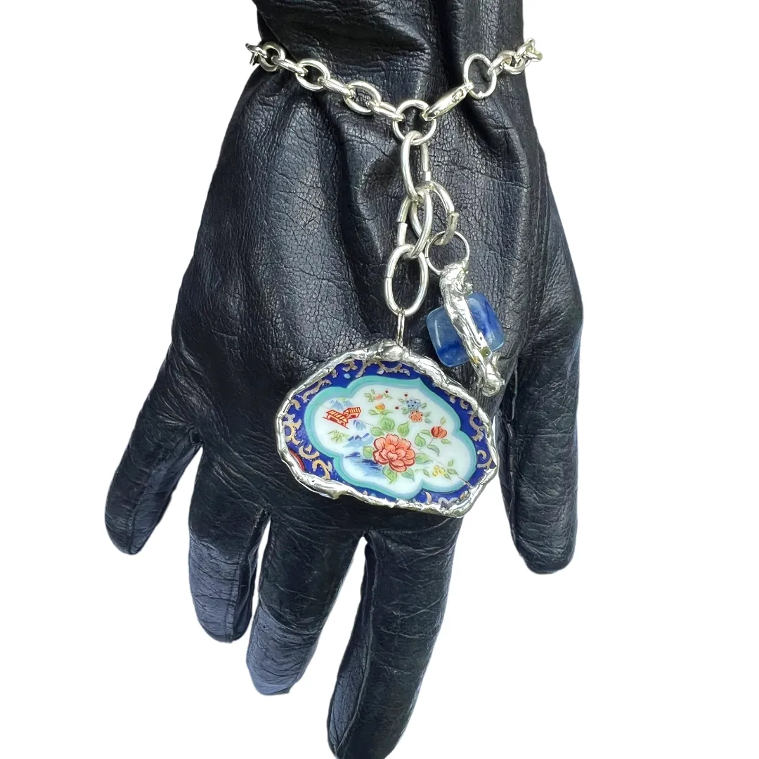 Broken China & Sodalite Charm Bracelet Artisan Crafted Lotus Flower