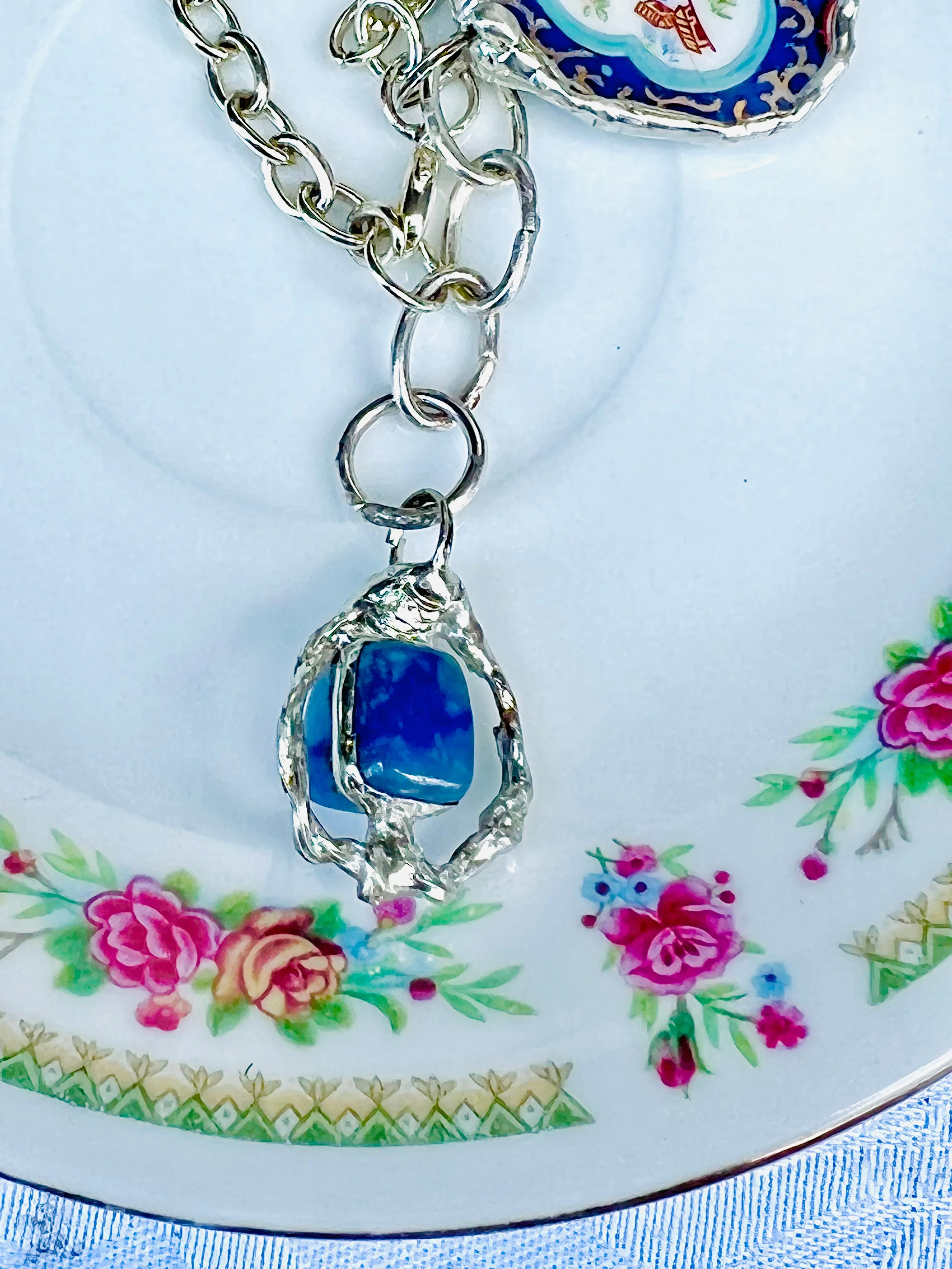 Broken China & Sodalite Charm Bracelet Artisan Crafted Lotus Flower
