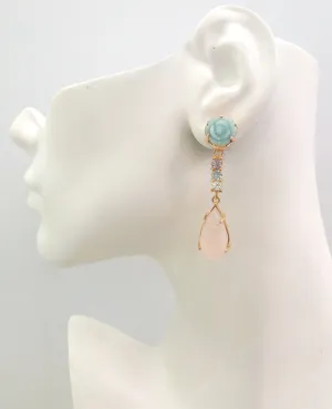 Carved Flower Amazonite Studs with Amethyst, Blue Topaz, White Topaz carved Rose Quartz Dangle Twinset Earrings