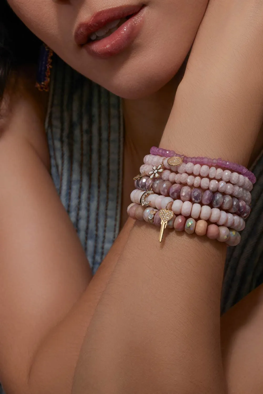 Eternity Heart Rondelle Pink Opal Bead Bracelet