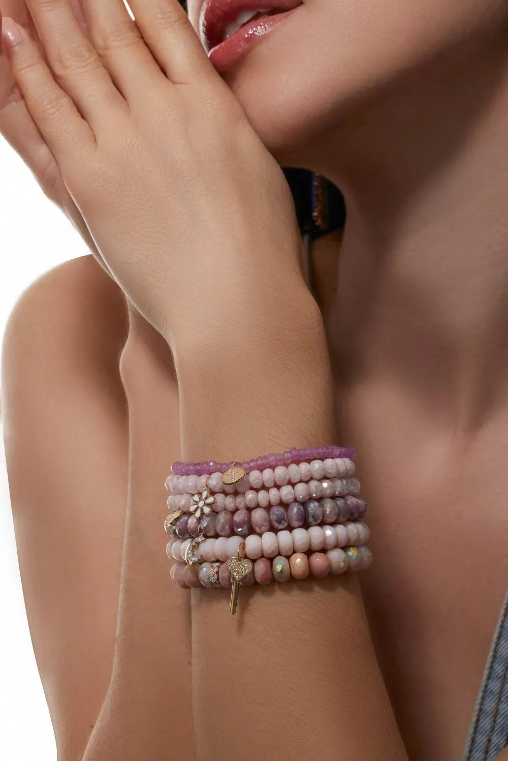Eternity Heart Rondelle Pink Opal Bead Bracelet