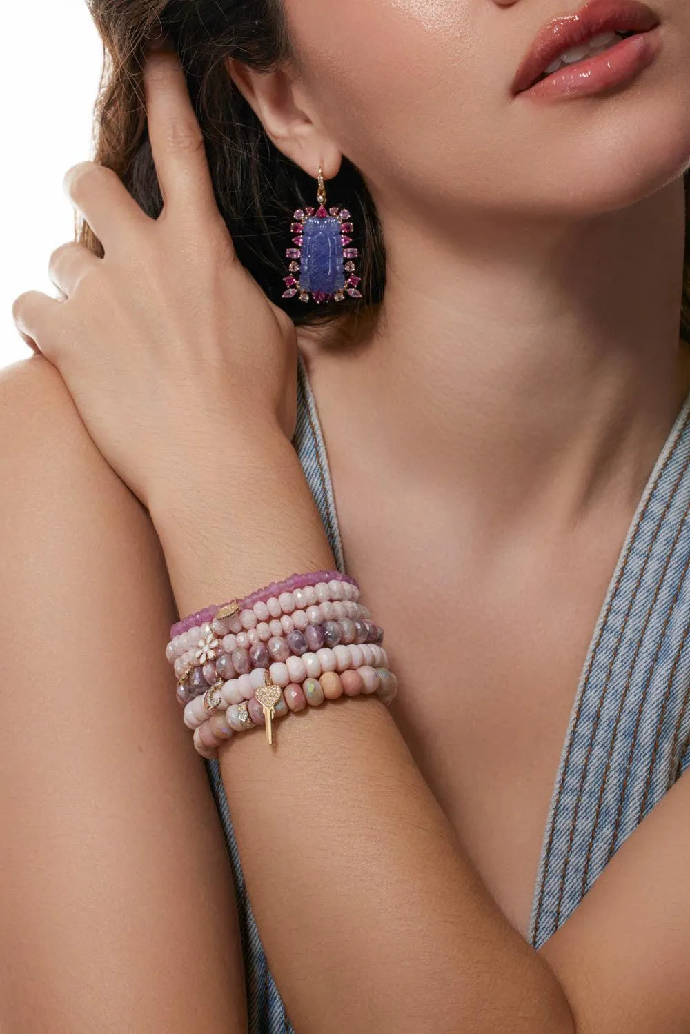 Eternity Heart Rondelle Pink Opal Bead Bracelet