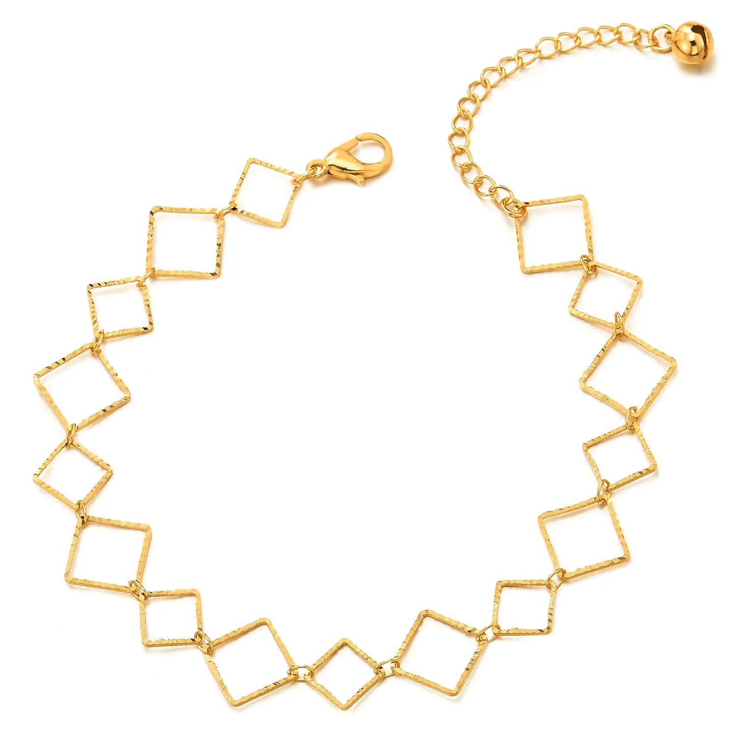 Gold Color Open Square Links Anklet Bracelet, Jingle Bell, Adjustable