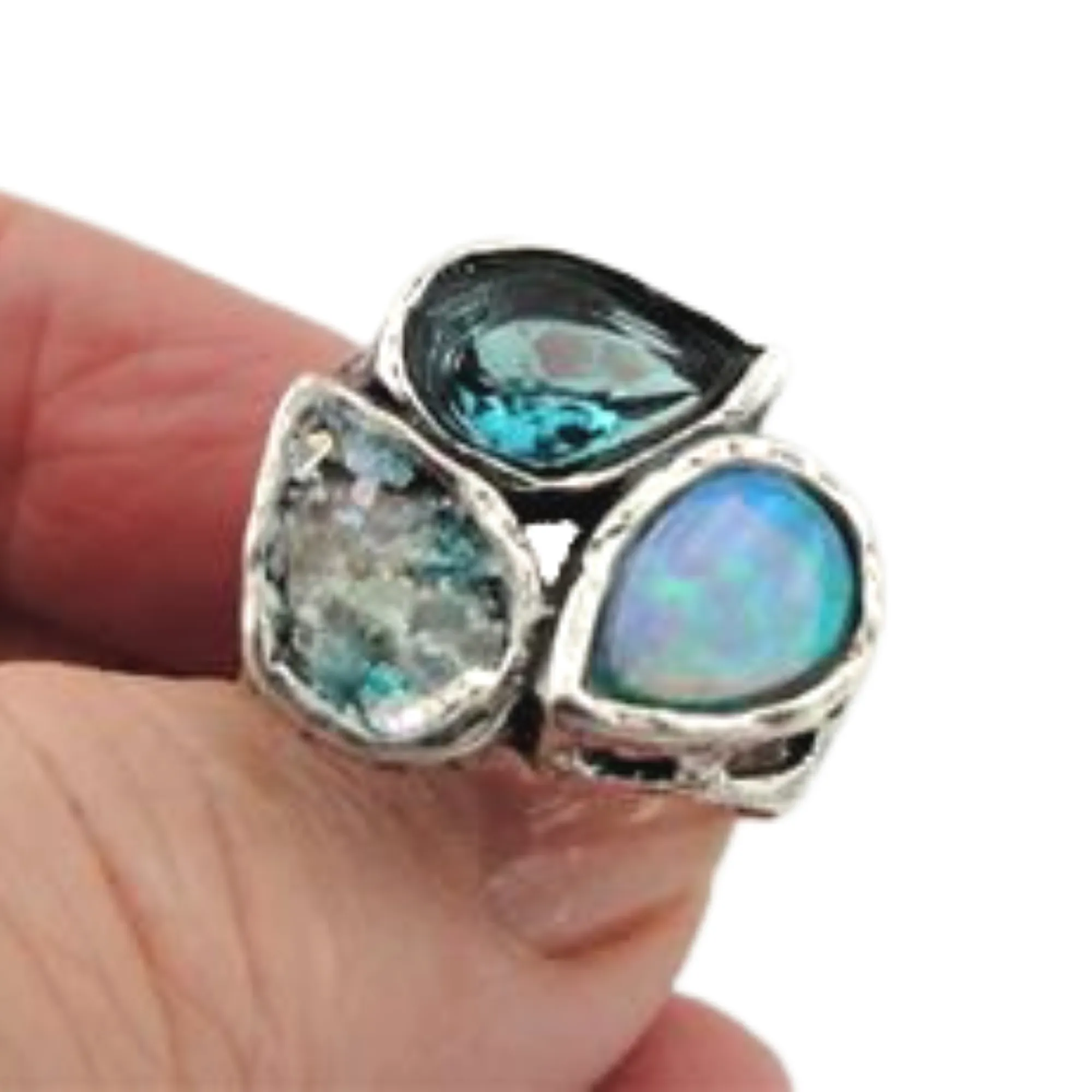 Hadar Designers Handmade 925 Silver Roman Glass Opal Blue CZ Ring