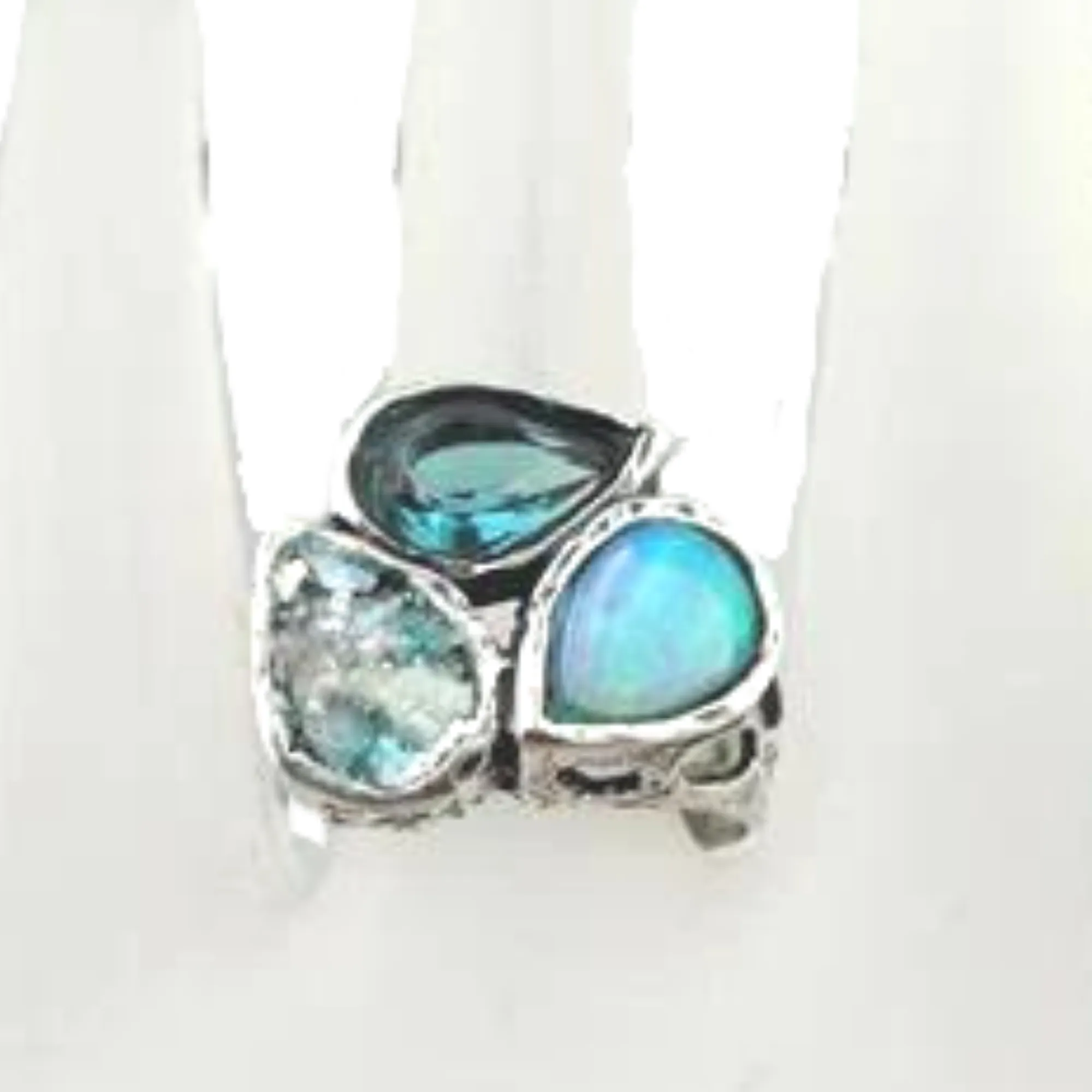 Hadar Designers Handmade 925 Silver Roman Glass Opal Blue CZ Ring