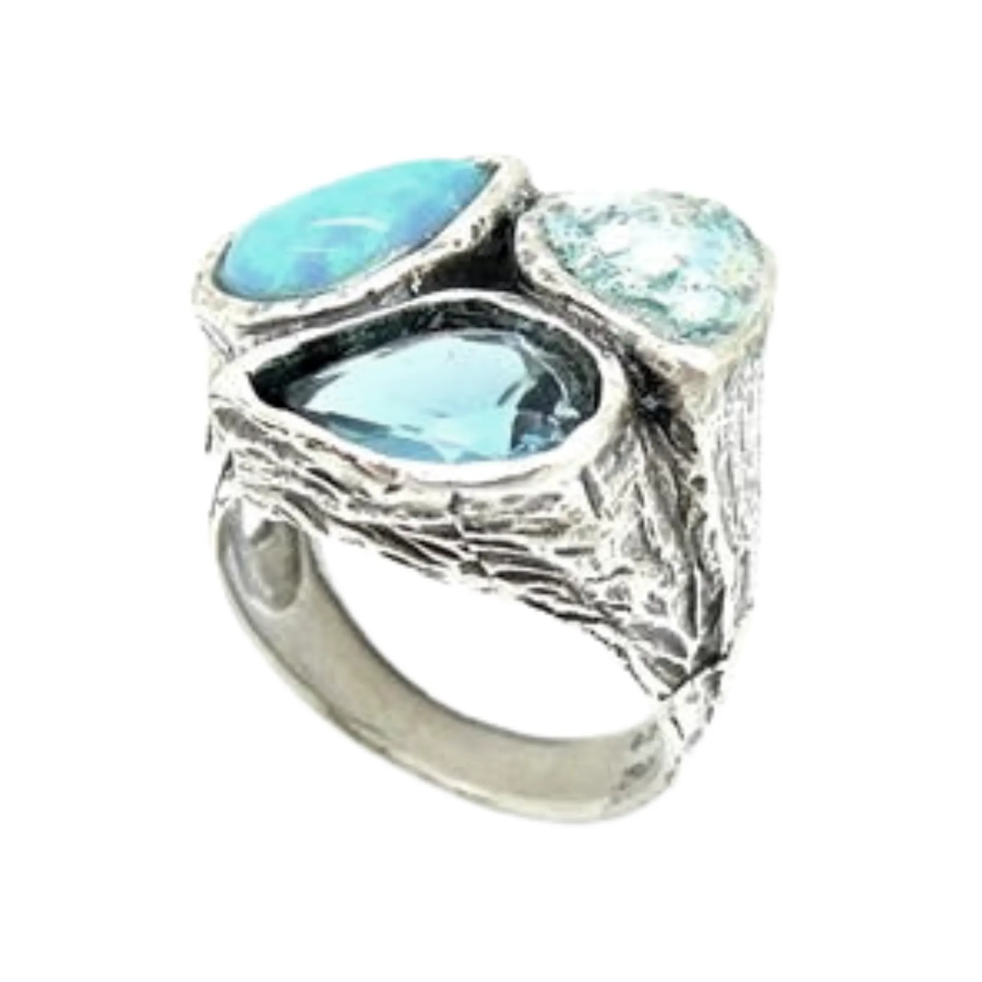 Hadar Designers Handmade 925 Silver Roman Glass Opal Blue CZ Ring