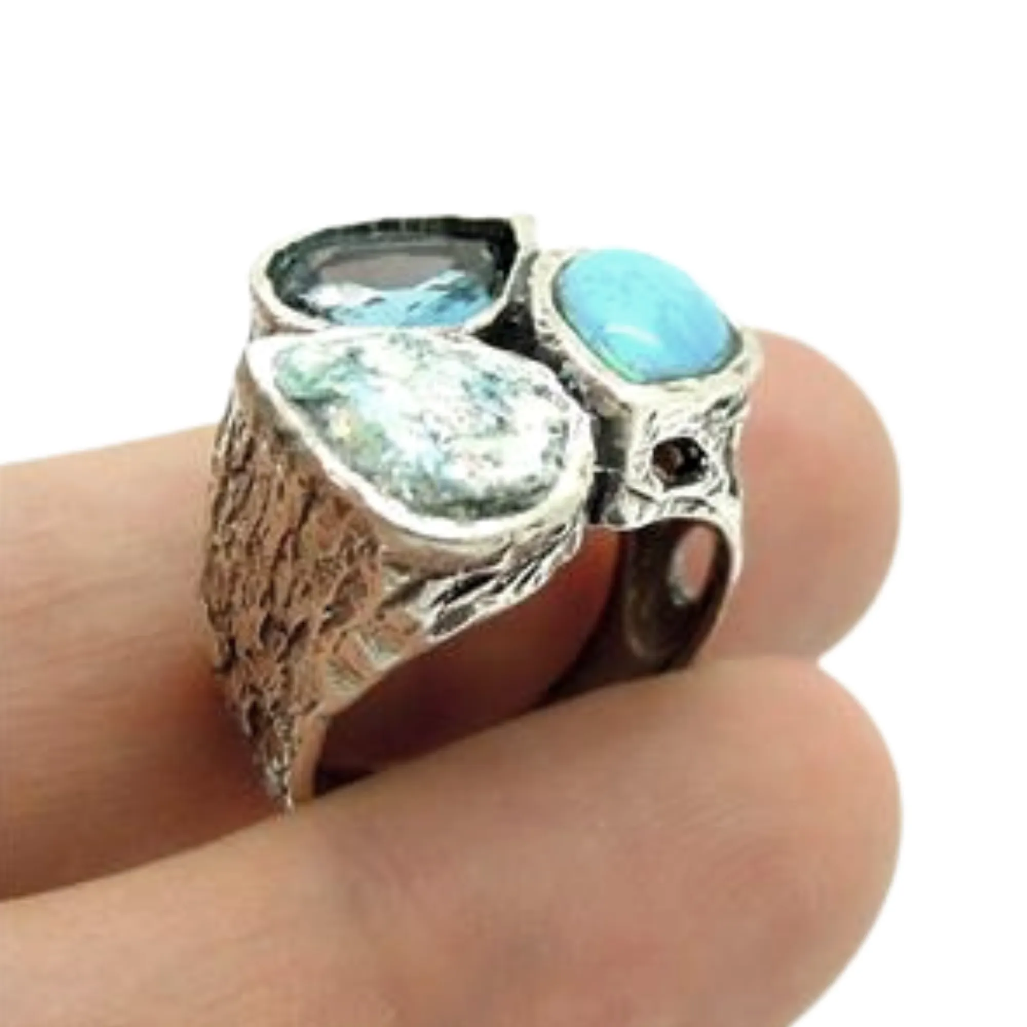 Hadar Designers Handmade 925 Silver Roman Glass Opal Blue CZ Ring