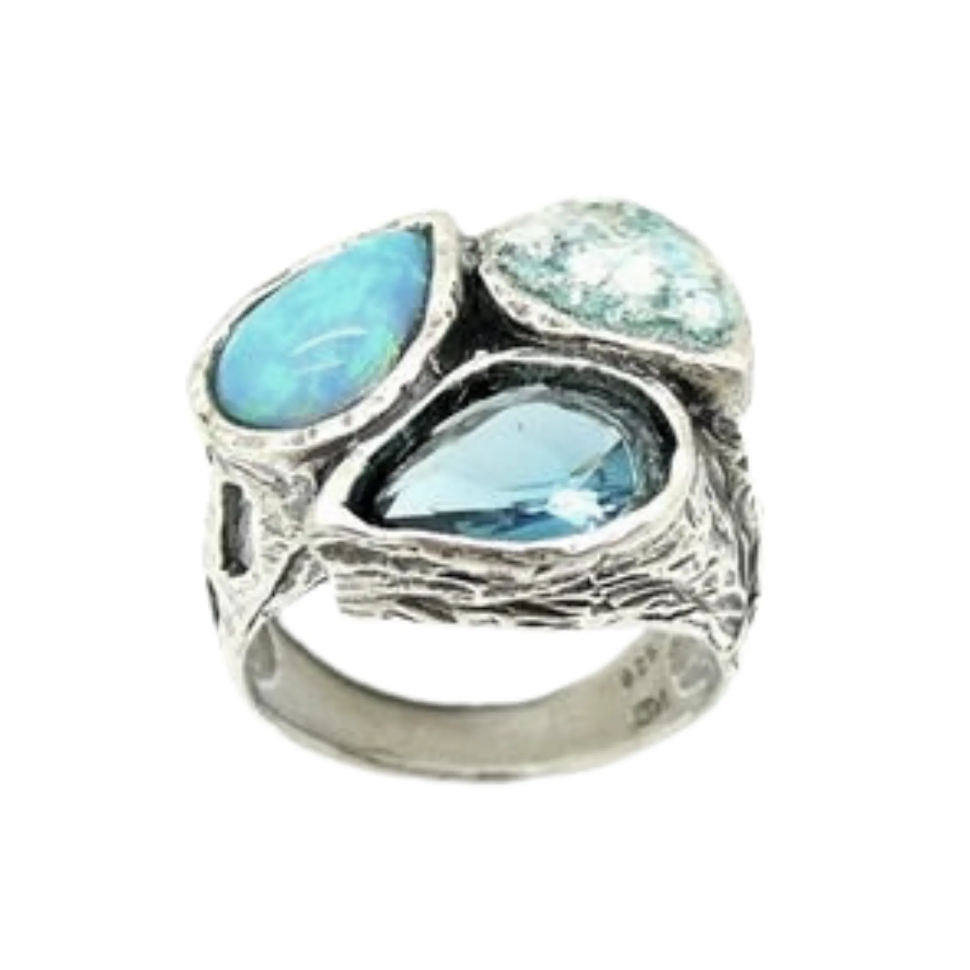 Hadar Designers Handmade 925 Silver Roman Glass Opal Blue CZ Ring