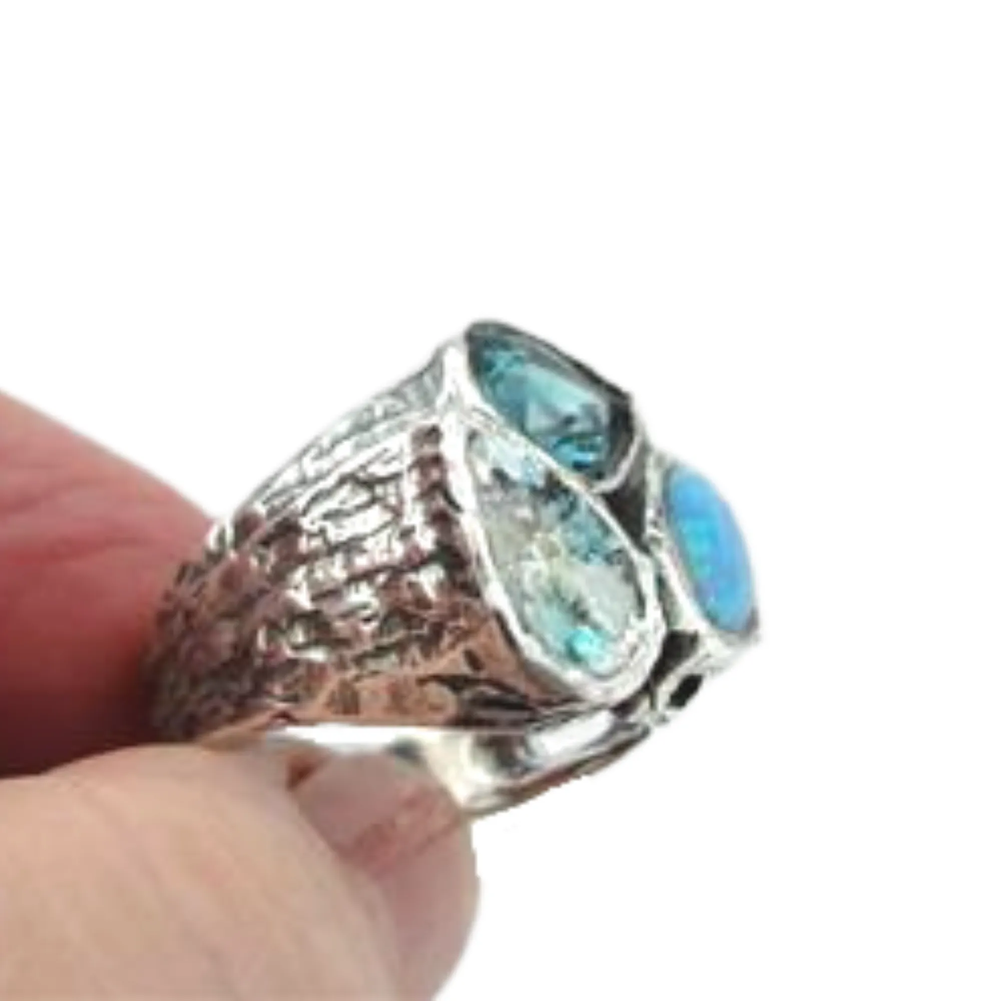 Hadar Designers Handmade 925 Silver Roman Glass Opal Blue CZ Ring