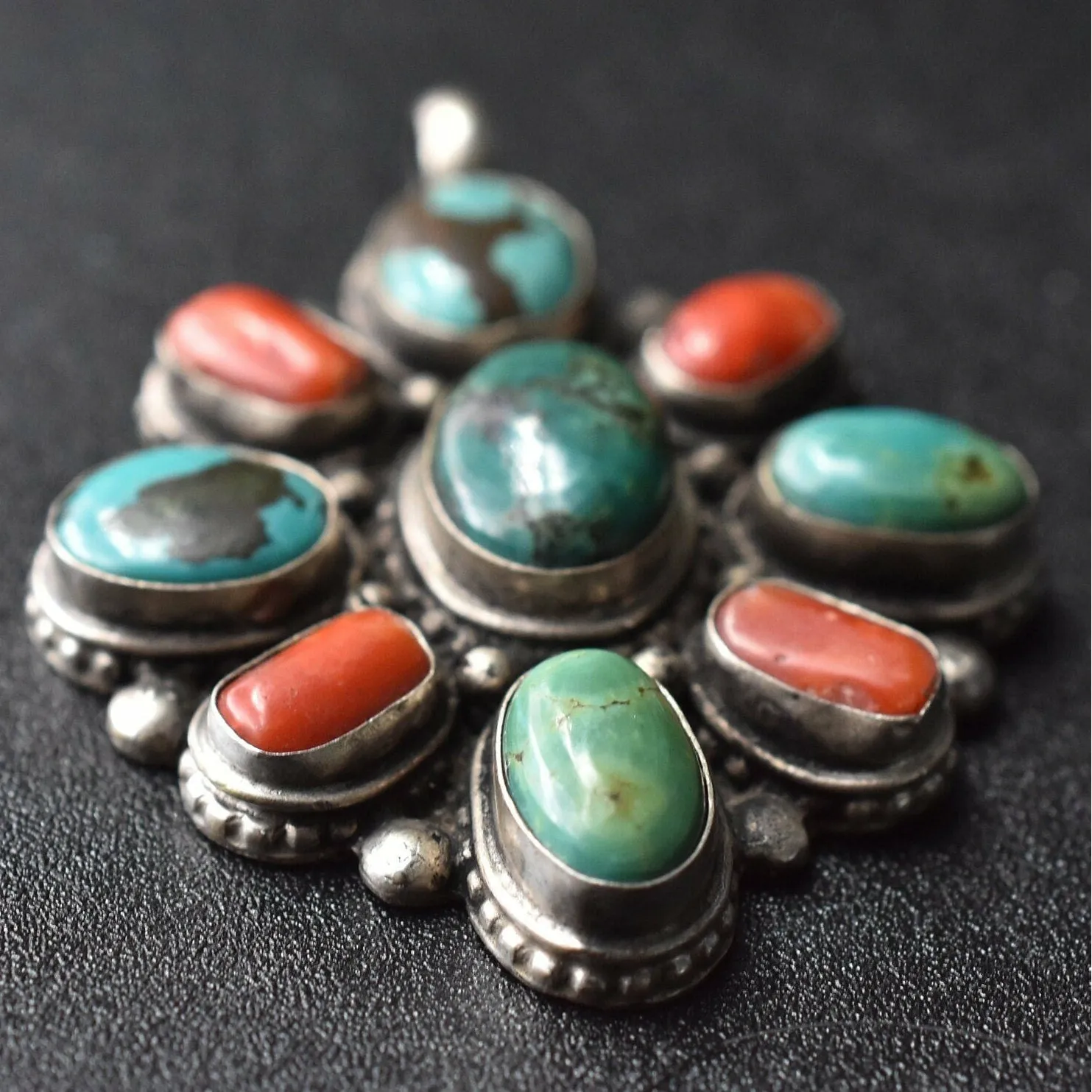 Harmonious Turquoise and Coral Sterling Silver Pendant