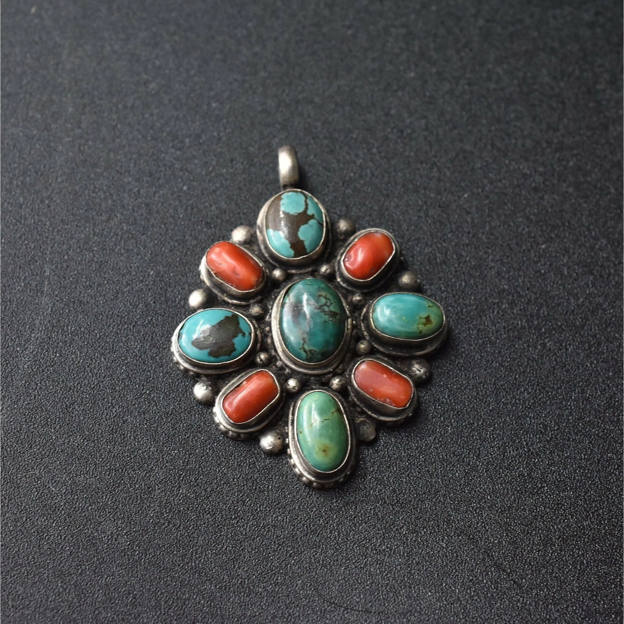 Harmonious Turquoise and Coral Sterling Silver Pendant