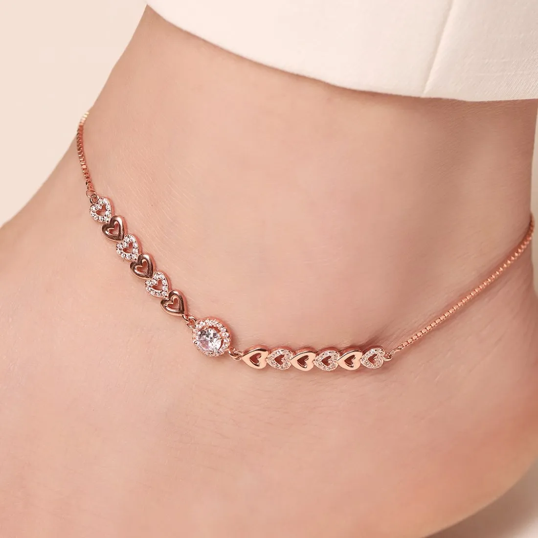 Heart Cubic Zirconia Rose Gold Plated 925 Sterling Silver Anklet