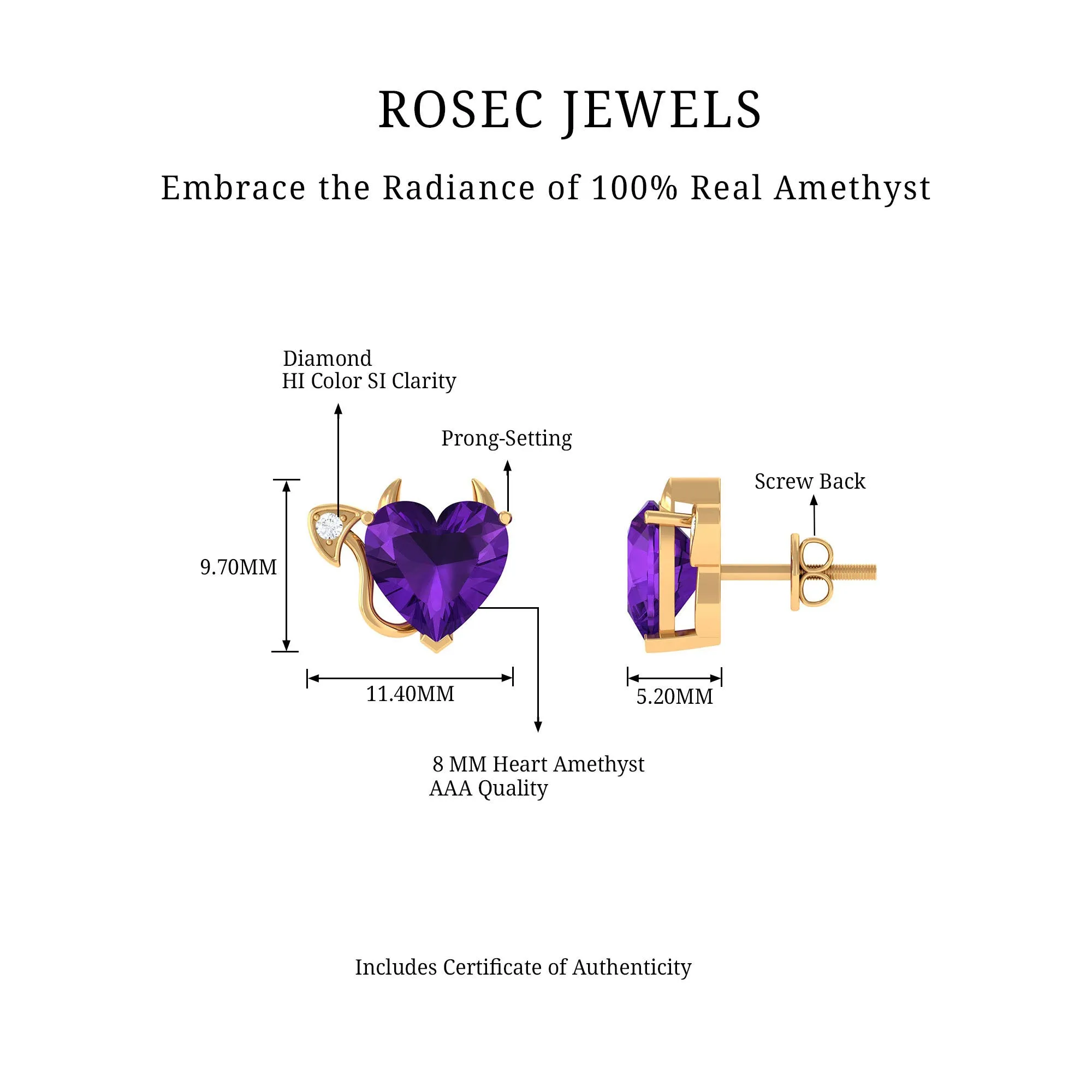 Heart Shape Amethyst and Diamond Gothic Stud Earring