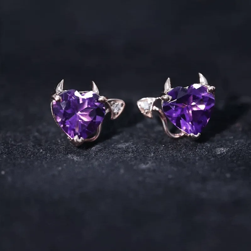 Heart Shape Amethyst and Diamond Gothic Stud Earring