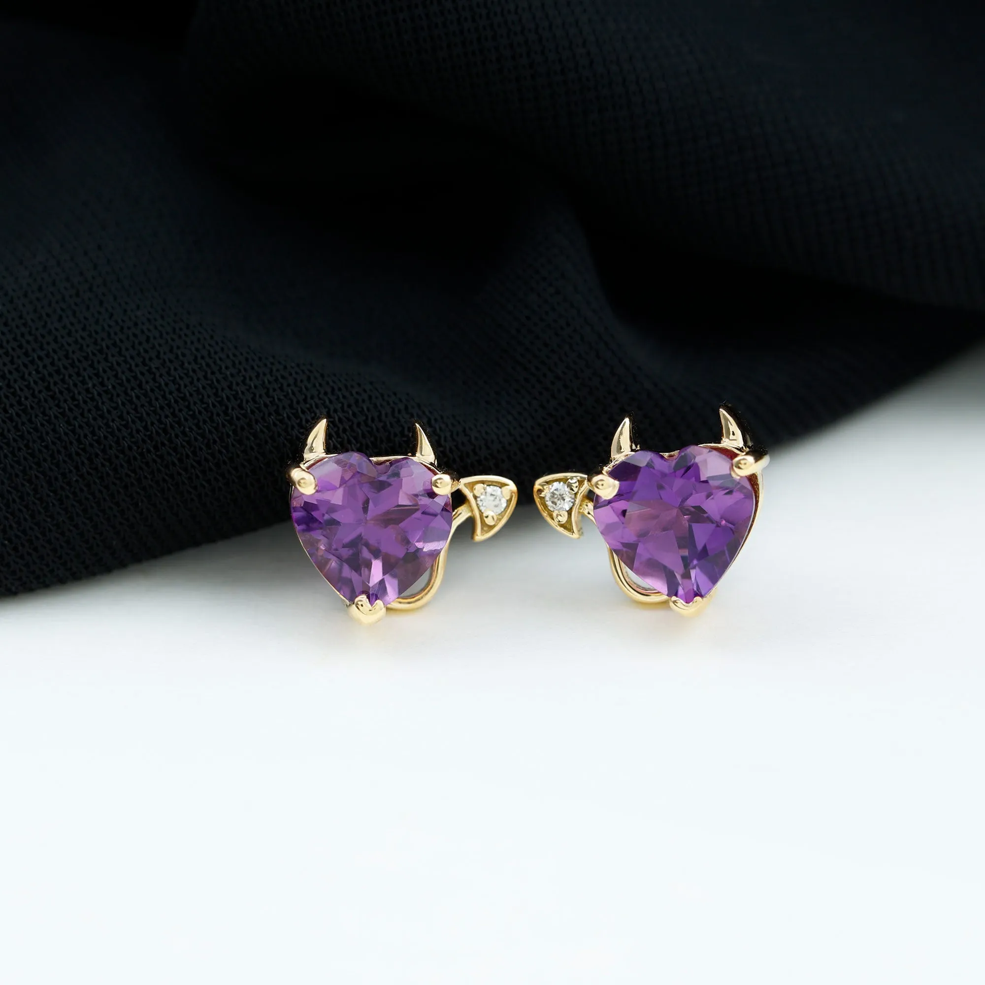 Heart Shape Amethyst and Diamond Gothic Stud Earring