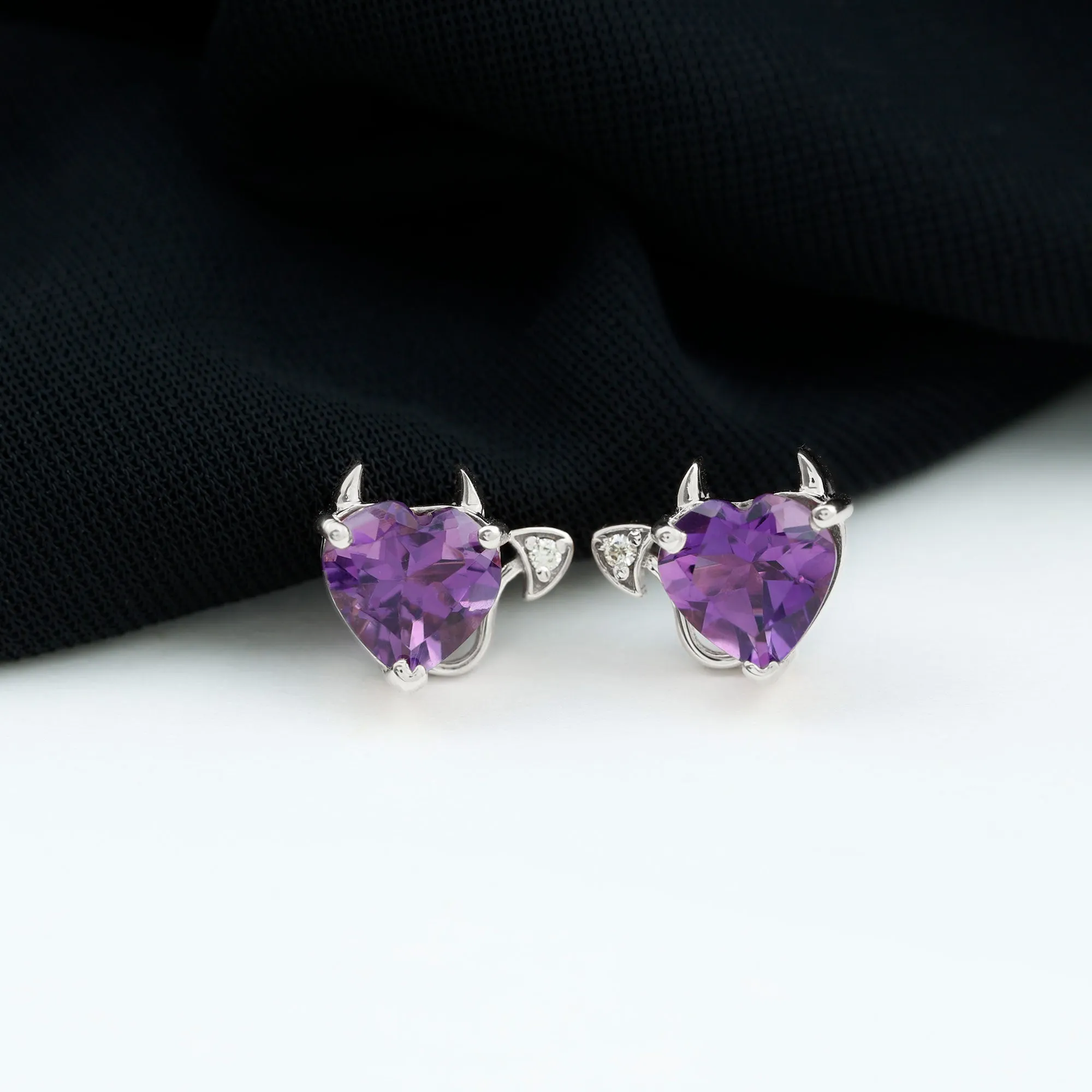 Heart Shape Amethyst and Diamond Gothic Stud Earring