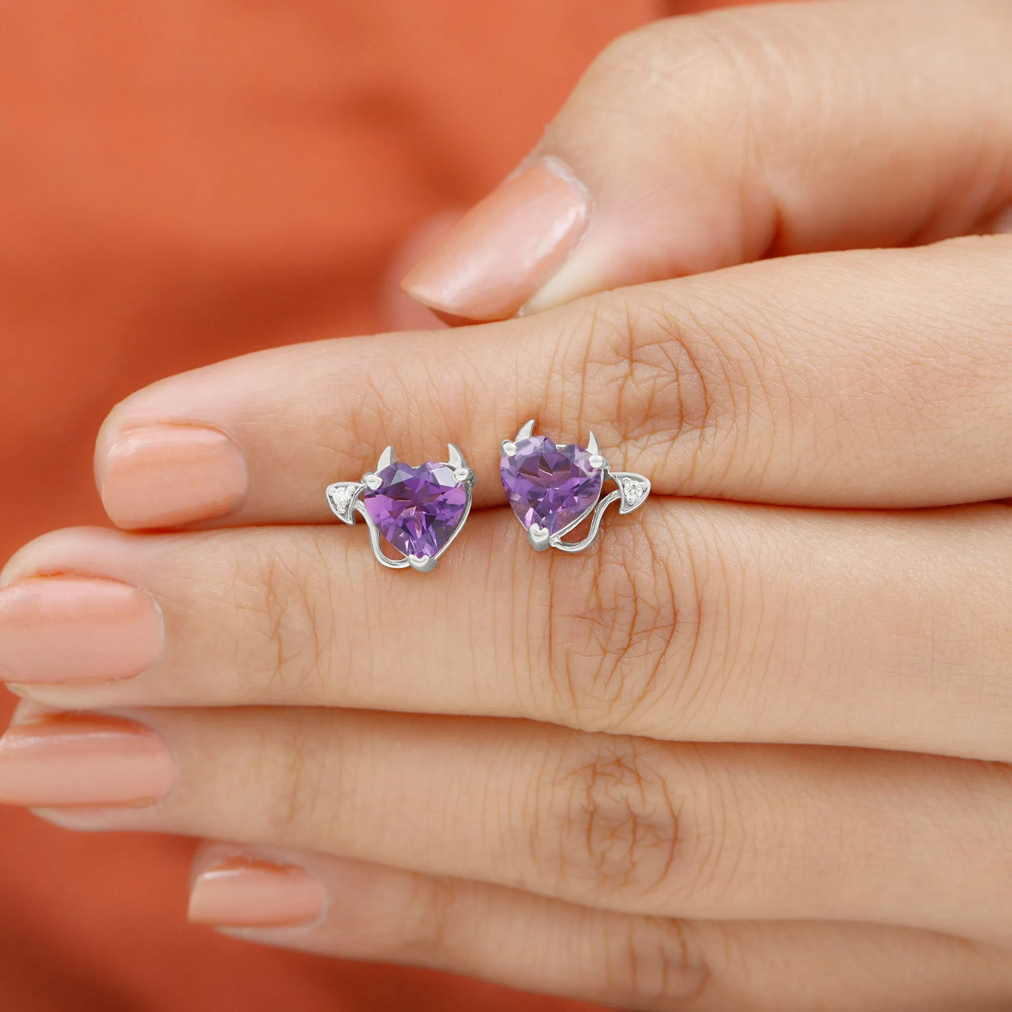 Heart Shape Amethyst and Diamond Gothic Stud Earring