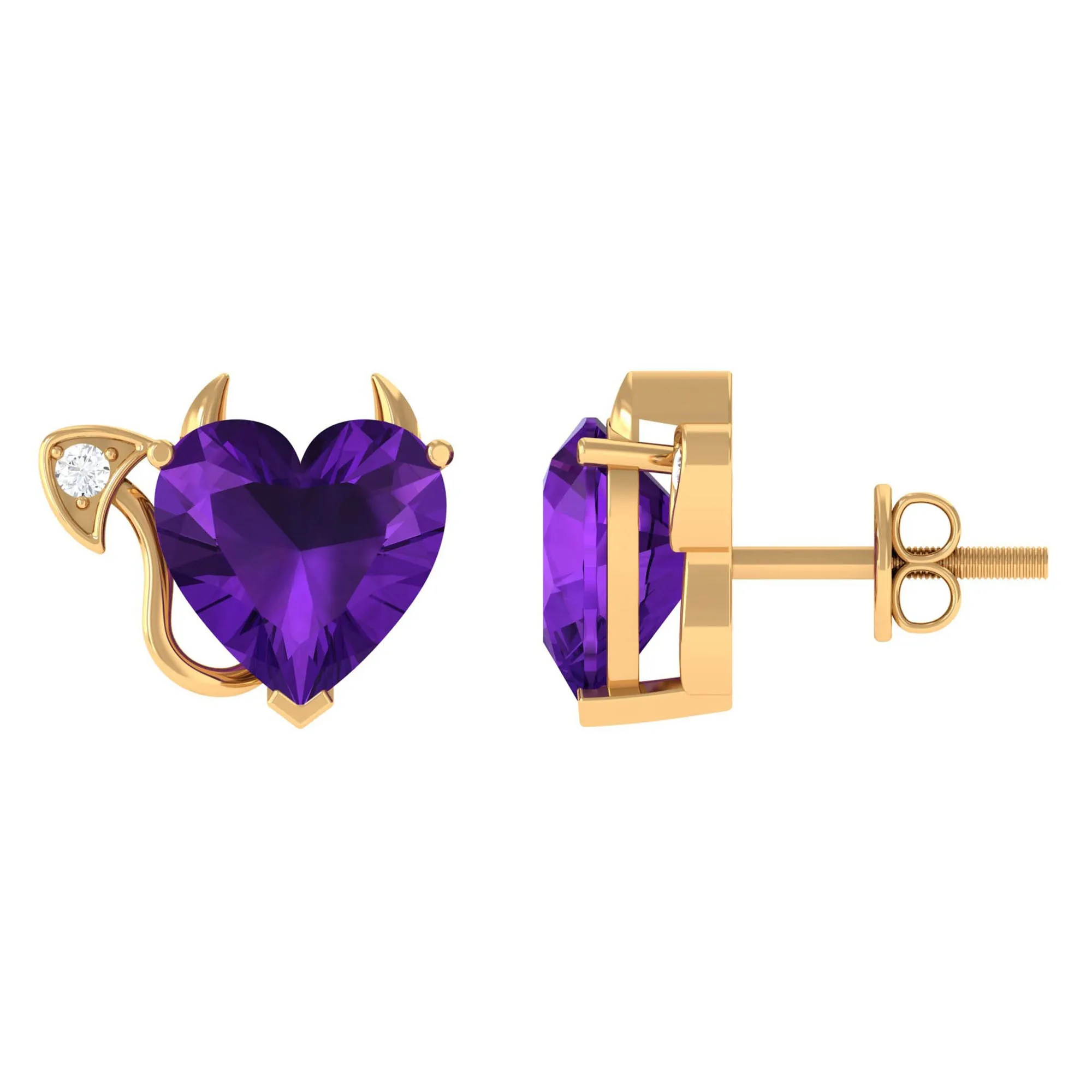 Heart Shape Amethyst and Diamond Gothic Stud Earring