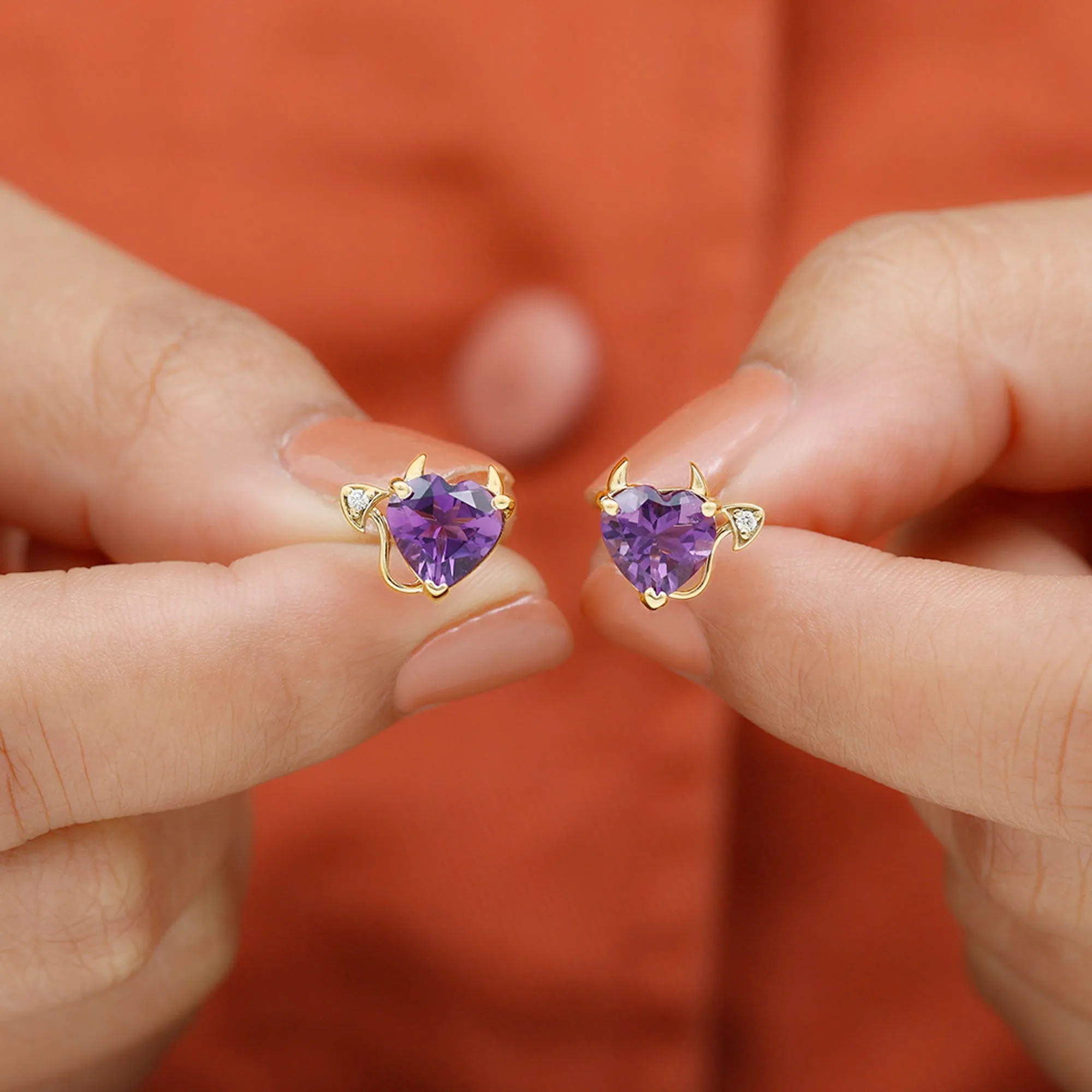 Heart Shape Amethyst and Diamond Gothic Stud Earring