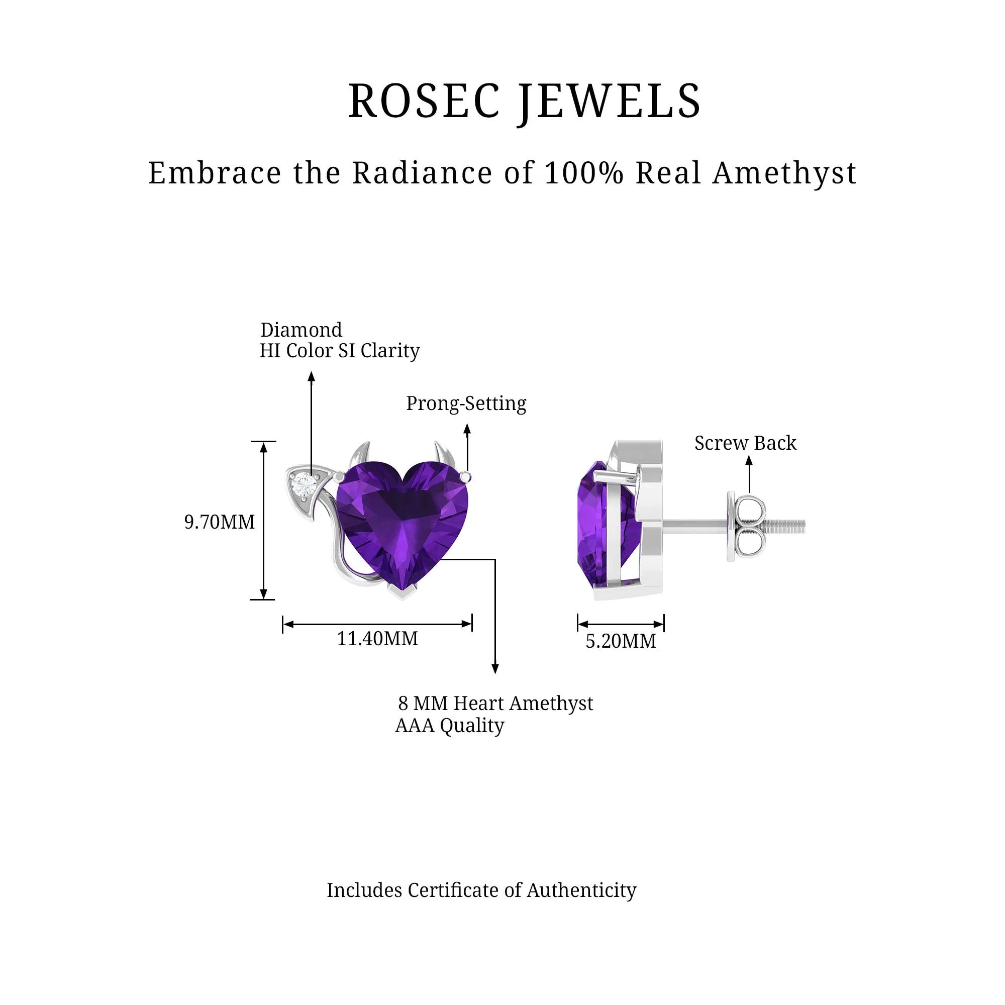 Heart Shape Amethyst and Diamond Gothic Stud Earring