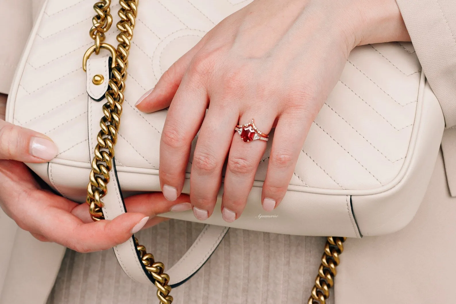Hexagon Ruby Ring Set For Women- 14K Rose Gold Vermeil Gemstone Engagement Ring Dainty Promise Ring