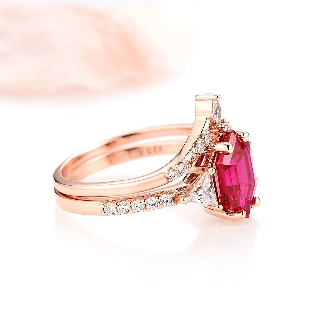 Hexagon Ruby Ring Set For Women- 14K Rose Gold Vermeil Gemstone Engagement Ring Dainty Promise Ring