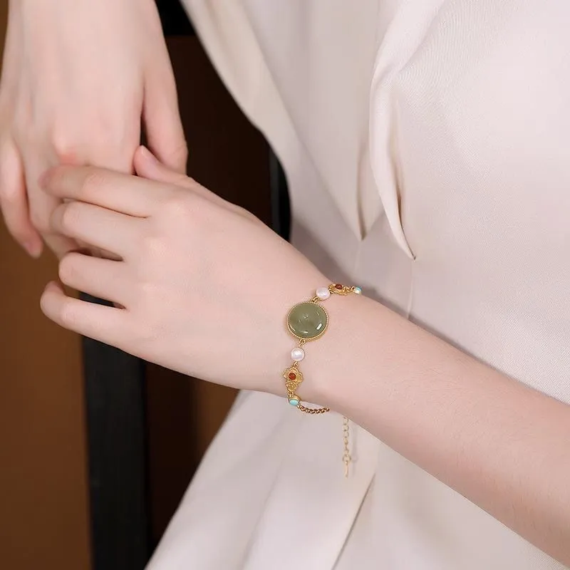 Jade Pearl Red Coral Beads Chinese Style Gilding Bracelet