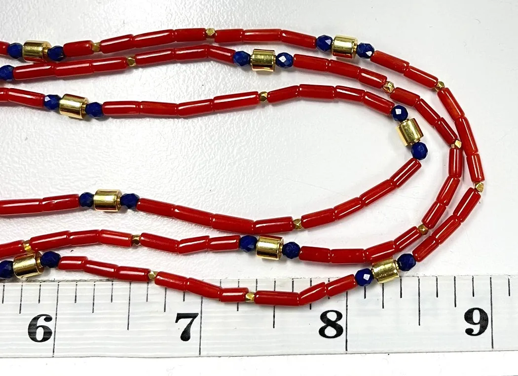 Mediterranean Red Coral and Lapis Beaded Necklace with 18k Yellow Gold Accents