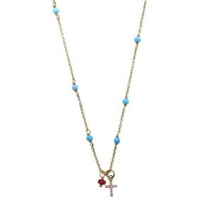 Mini Diamond Cross Necklace With Ruby and Turquoise