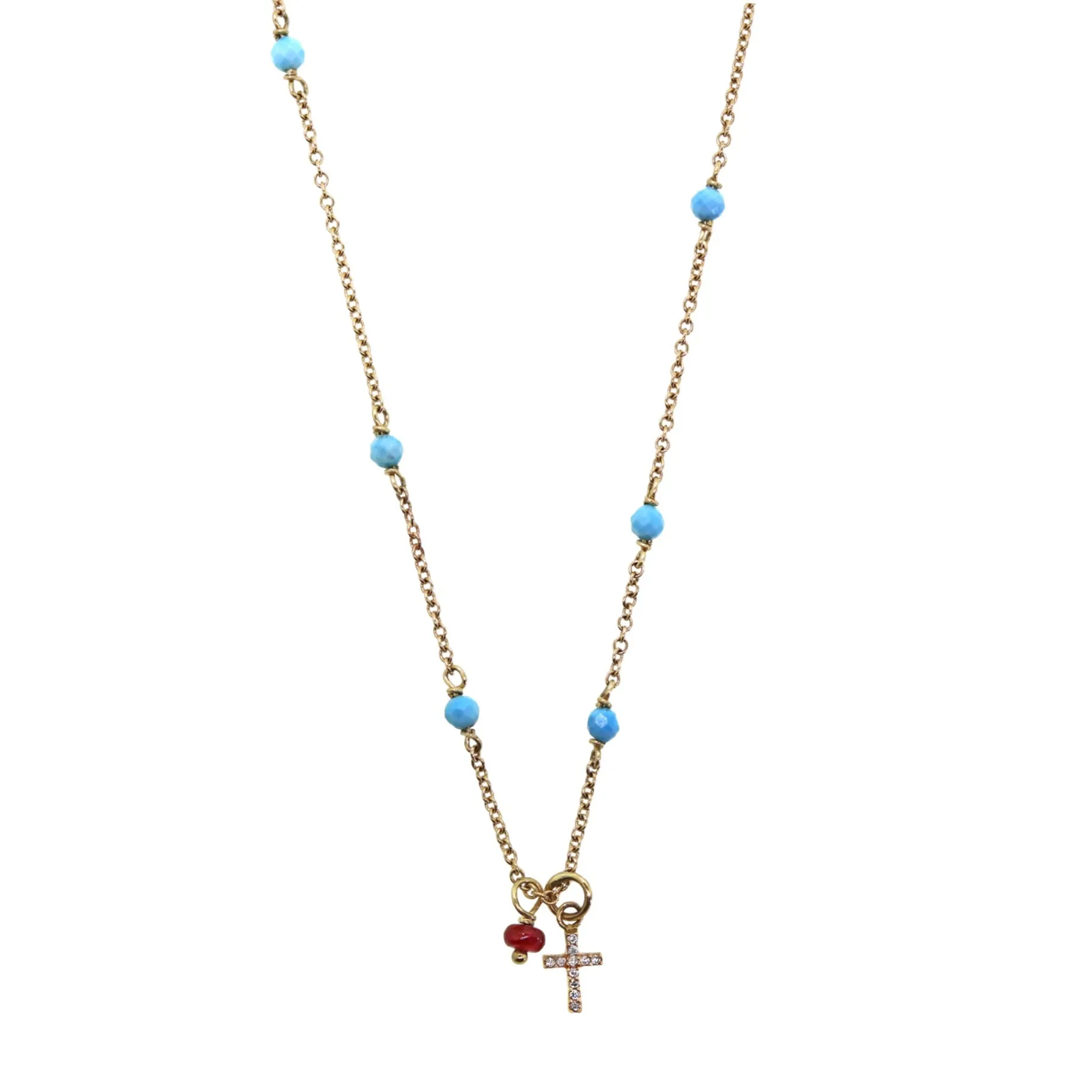Mini Diamond Cross Necklace With Ruby and Turquoise
