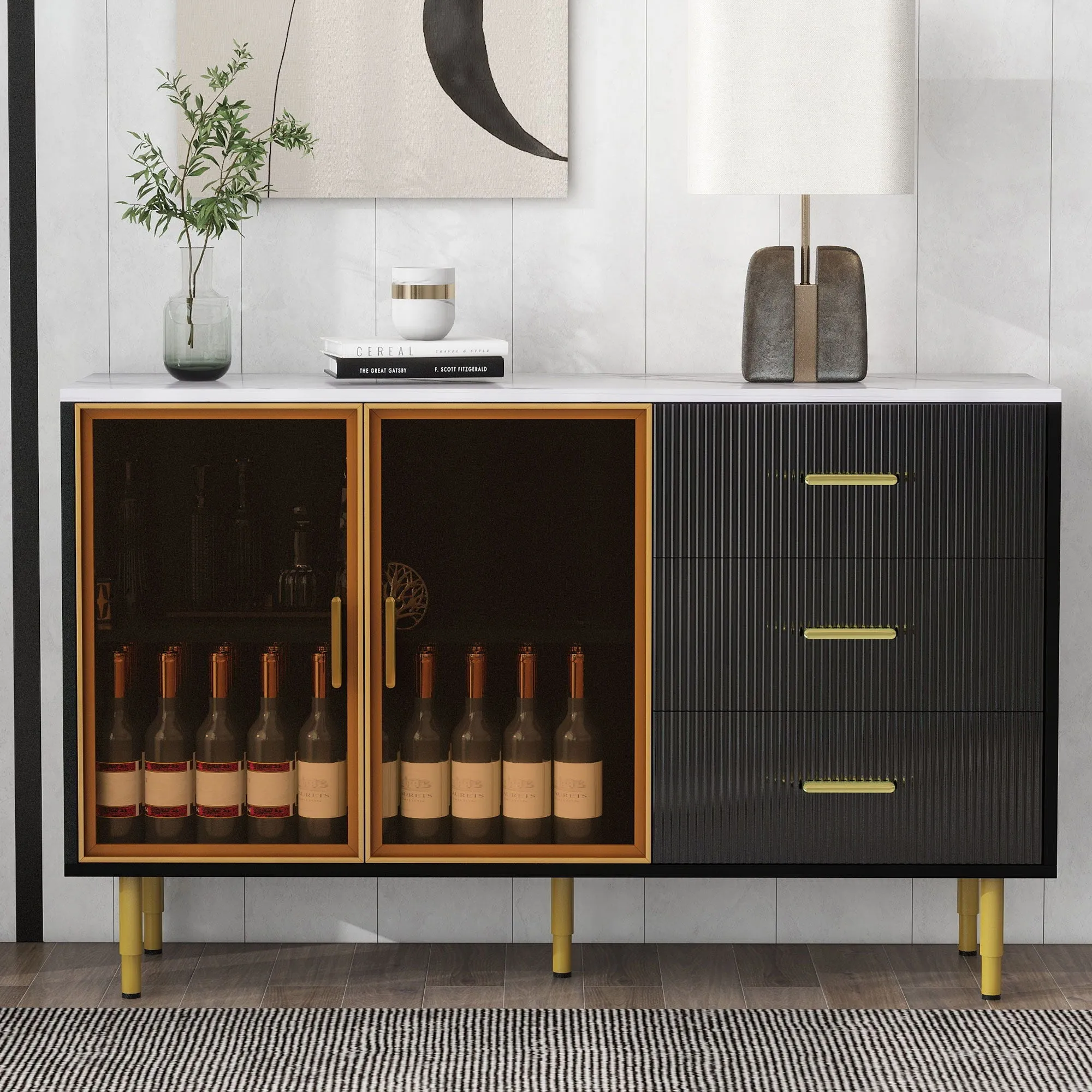 Modern Sideboard Buffet Cabinet Marble Sticker Tabletop And Amber-Yellow Tempered Glass Doors With Gold Metal Legs & Handles