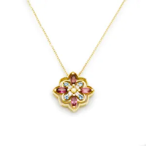 NG4804 Yellow Gold Mandala Pendant Necklace with Pink Tourmaline, Blue Topaz, and Diamonds Pendant
