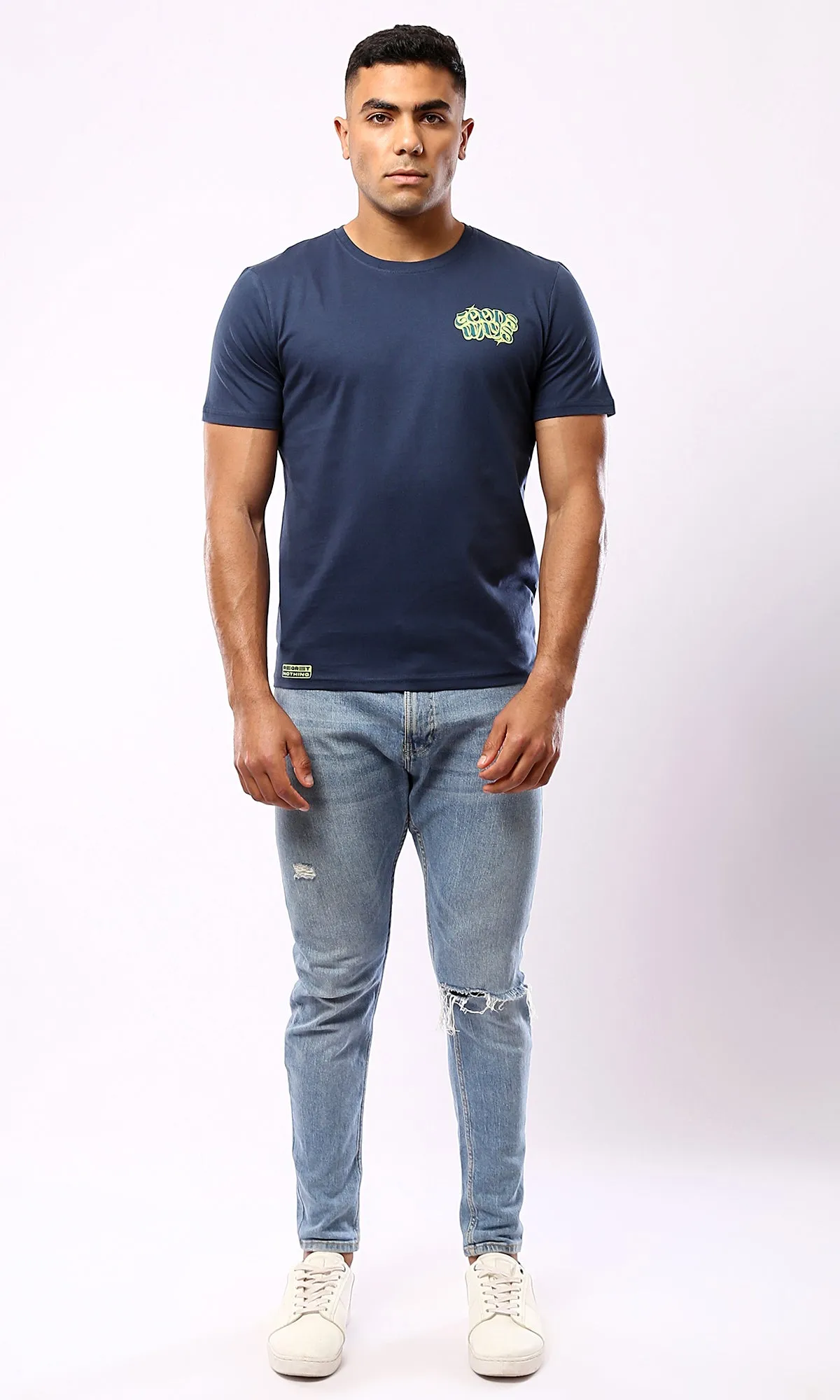 O182898 Printed "Goods Ways" Light Navy Blue Cotton Tee